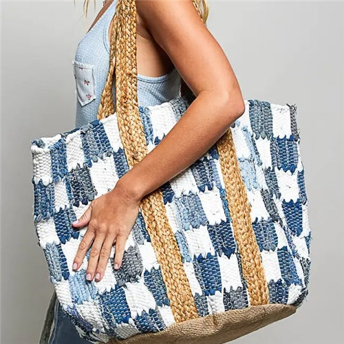 Denim Checkered Tote Bag