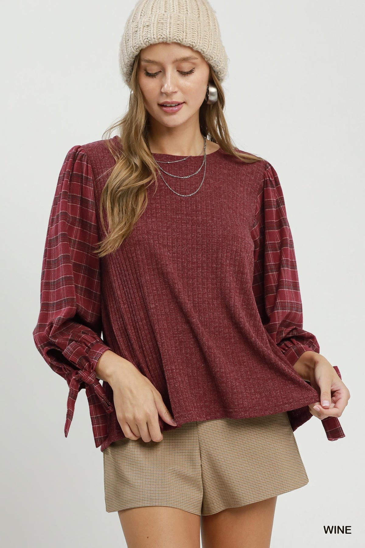Hazel Plaid Tie Sleeve Blouse