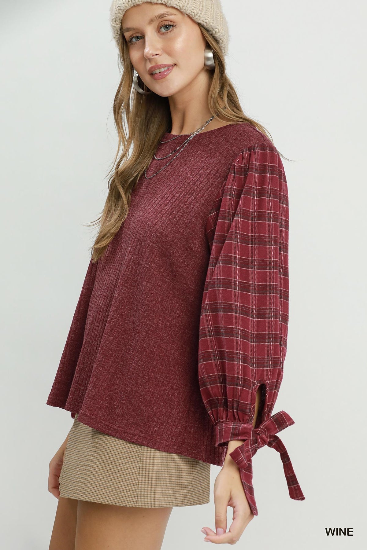 Hazel Plaid Tie Sleeve Blouse