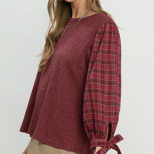 Hazel Plaid Tie Sleeve Blouse