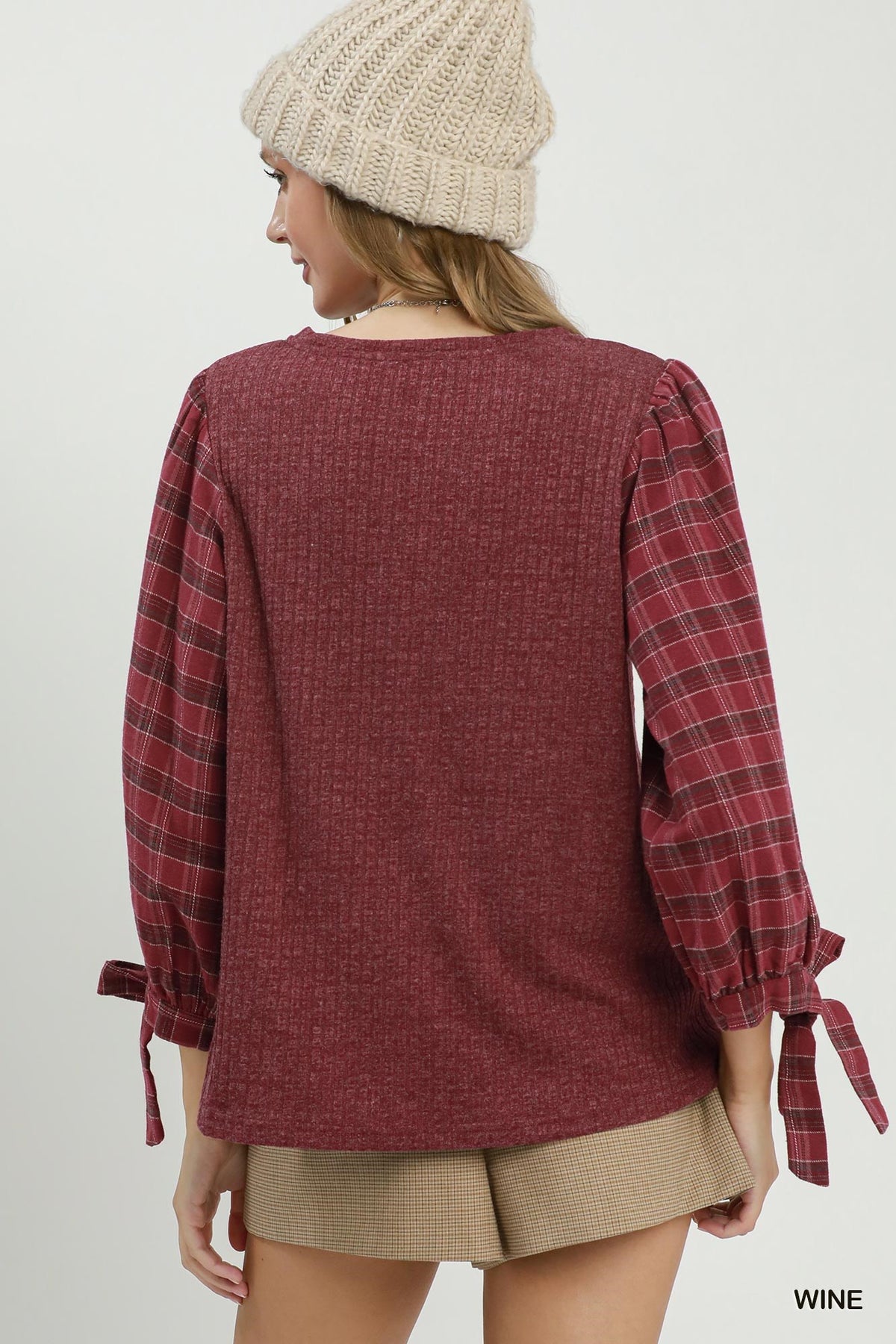 Hazel Plaid Tie Sleeve Blouse