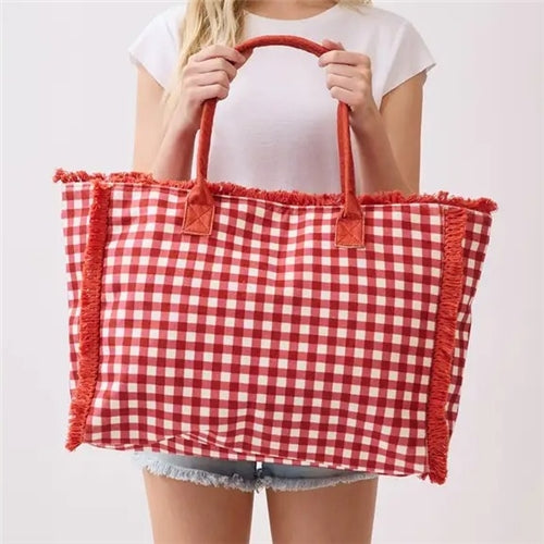 Gingham Beach Tote Bag