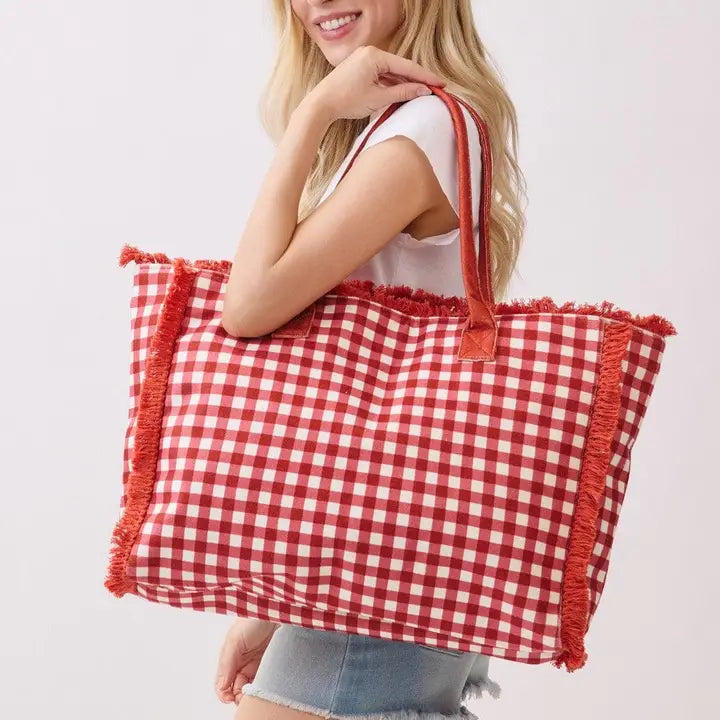 Gingham Beach Tote Bag